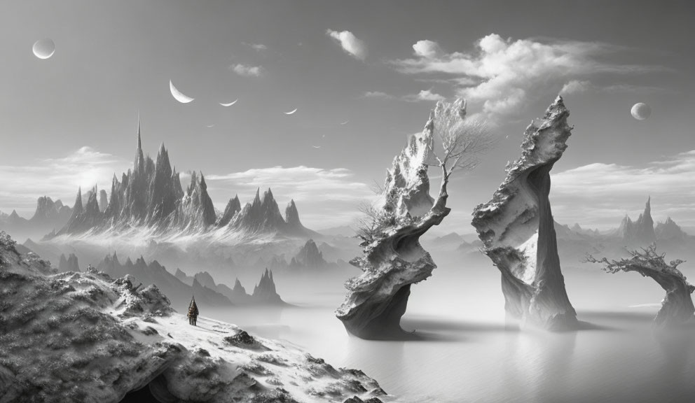 Monochrome fantasy landscape with rock formations, trees, figure, and multiple moons