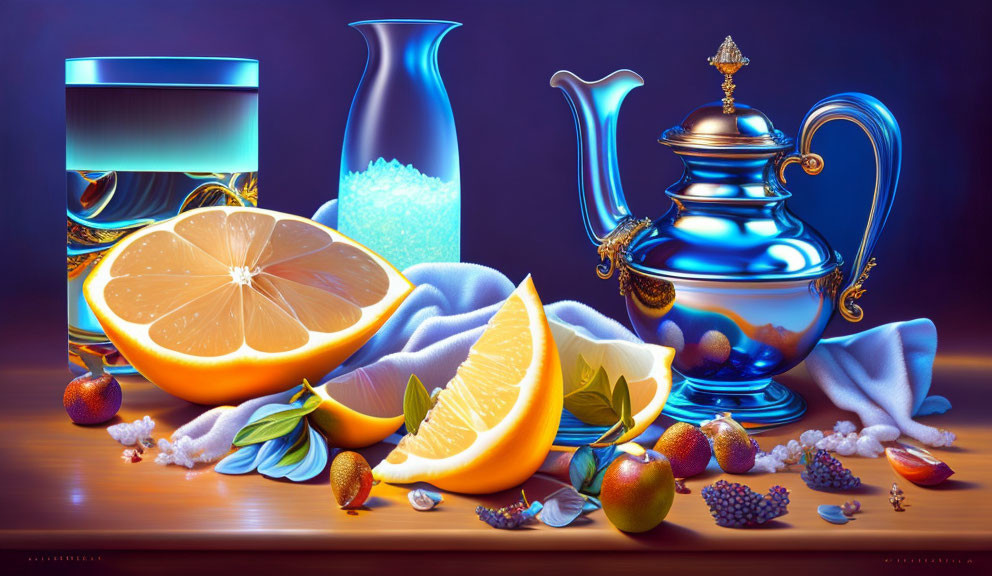 Glass of water, teapot, fruits, pitcher, and drapery on reflective surface