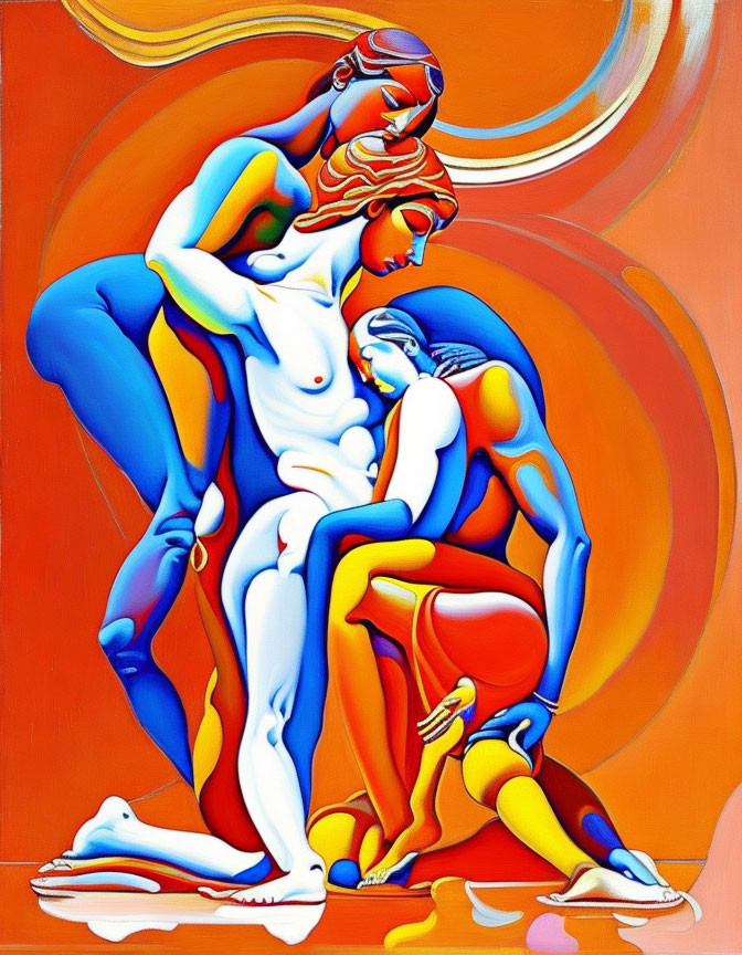 Abstract Painting: Intertwined Human Figures in Blue, Orange, and Yellow Hues