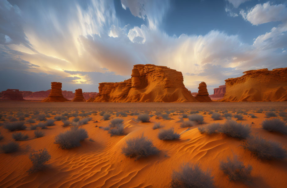 Sunset desert landscape with rock formations, sand dunes, and cloudy sky.