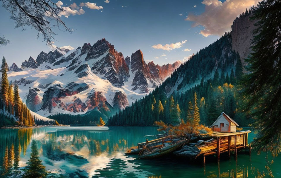 Snow-capped mountains reflected in serene lake with cabin on pier, pine trees, clear sunset sky