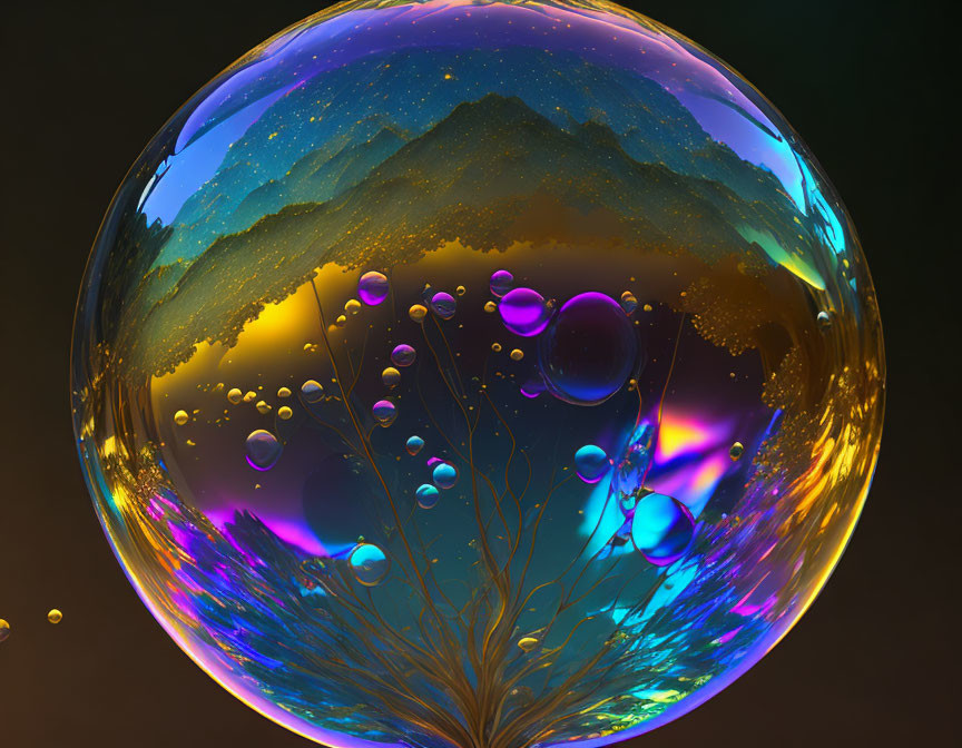 Colorful Soap Bubble with Vibrant Spectrum Against Dark Background