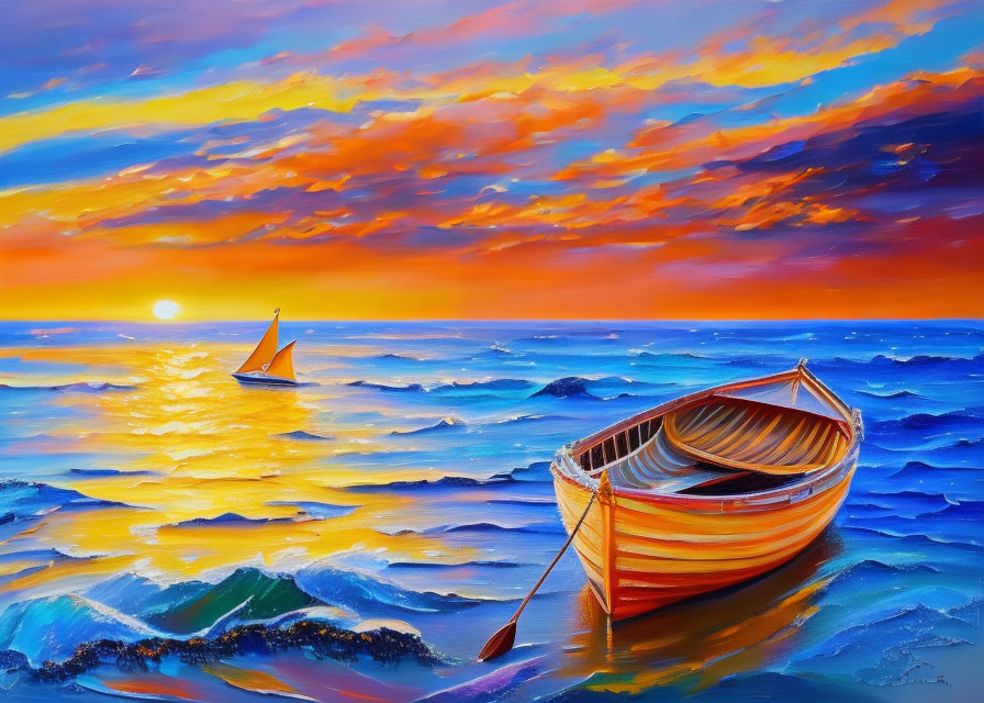 Colorful sunset painting with ocean, wooden boat, and distant sailboat