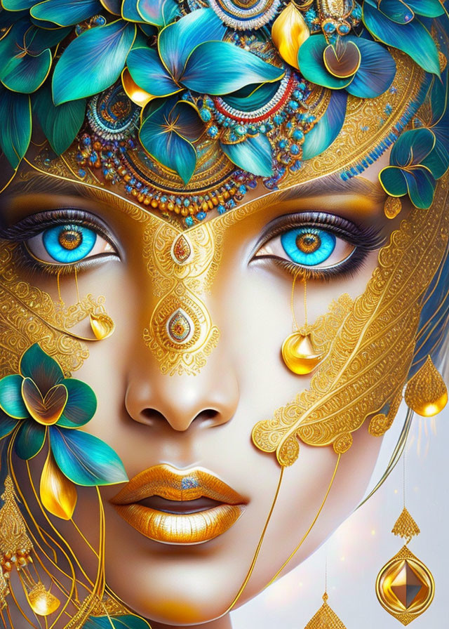 Vibrant blue-eyed woman with gold and teal jewelry in lush green flora