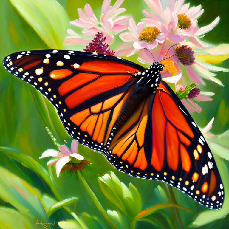 Colorful Monarch Butterfly Painting on Flowers and Green Background