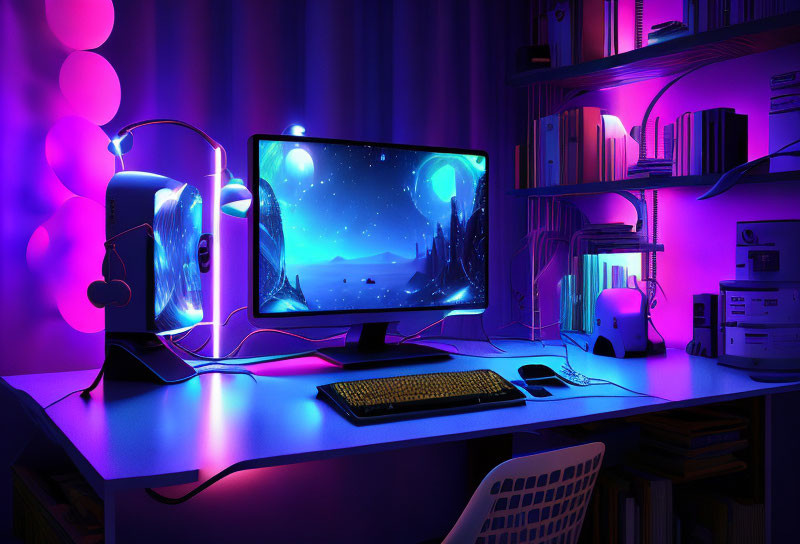 Colorful gaming setup with neon lights and widescreen monitor showing cosmic landscape.