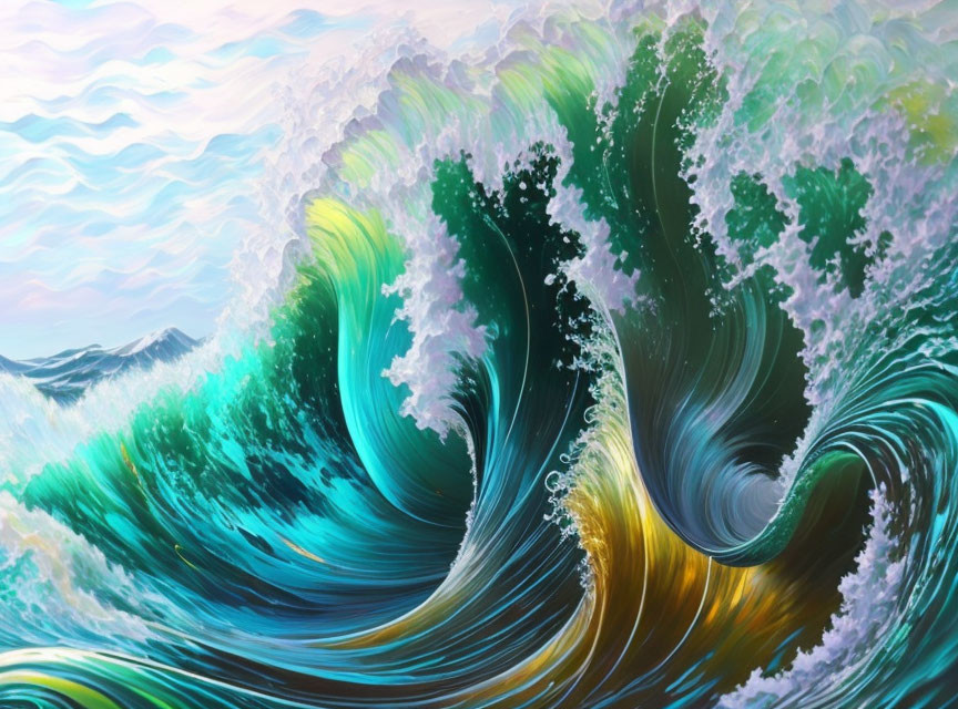 Colorful Ocean Wave Painting in Green and Blue Hues