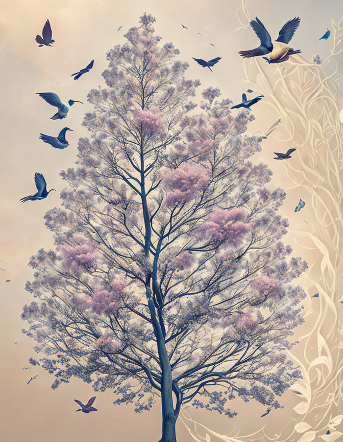 Tranquil nature scene with tall tree, pink blossoms, birds, and foliage.