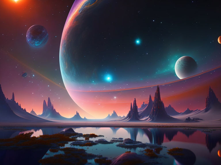 Colorful sci-fi scene: alien plants, reflective waters, majestic planets.