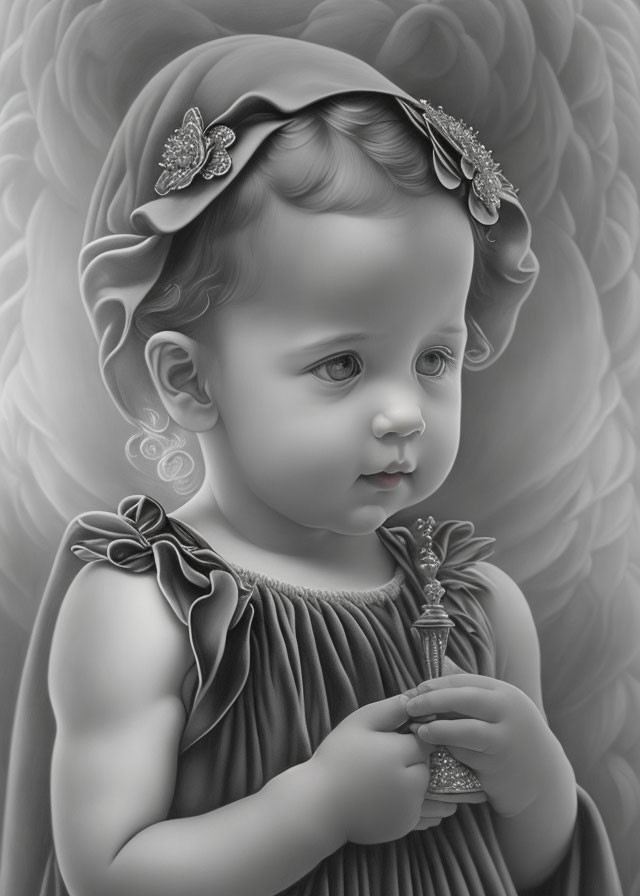 Monochromatic child portrait with headband, ruffled dress, and swirl-patterned background