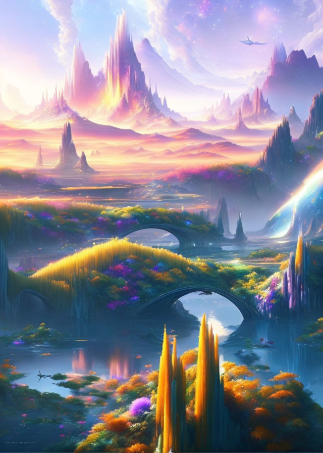 Vibrant fantasy landscape with spires, fields, bridges, and comet