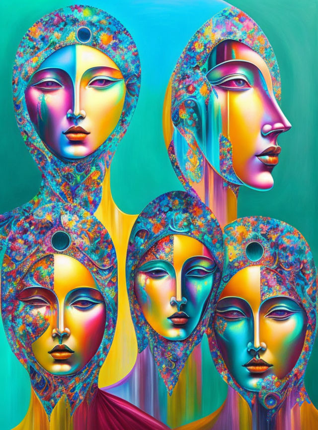 Vibrant surreal artwork: Five stylized faces with floral patterns