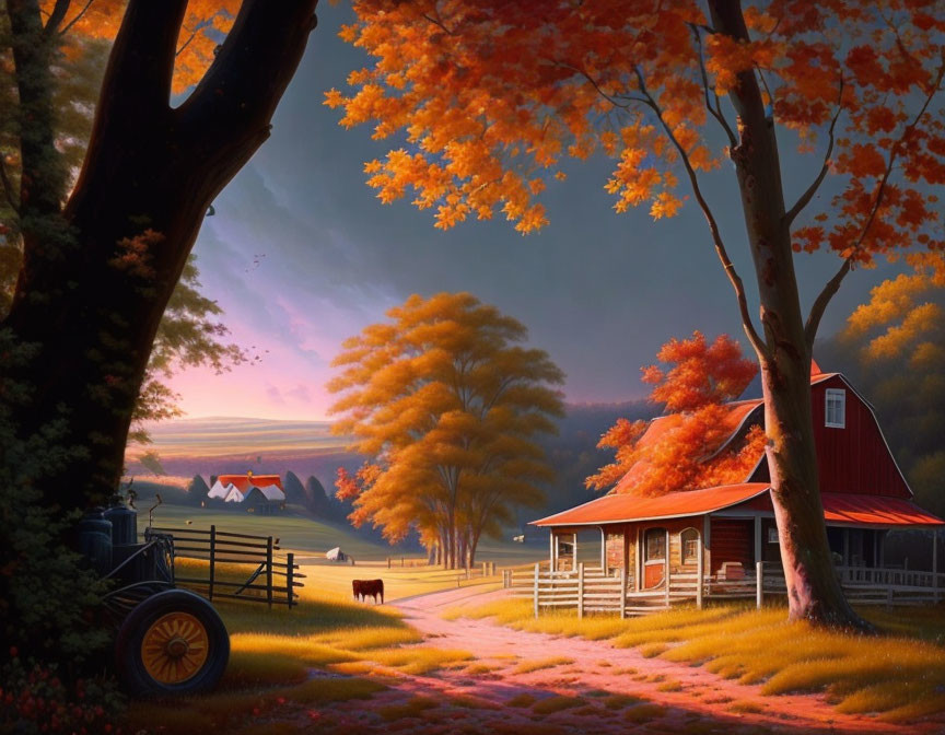 Tranquil autumn farm scene with red barn, vintage tractor, and cow