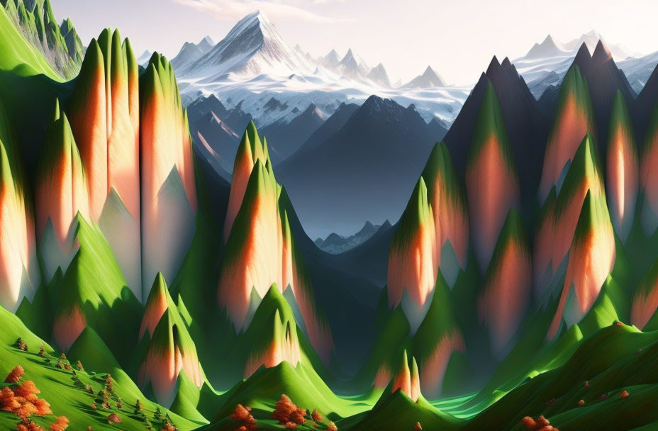 Exaggerated mountain peaks in vibrant digital fantasy landscape