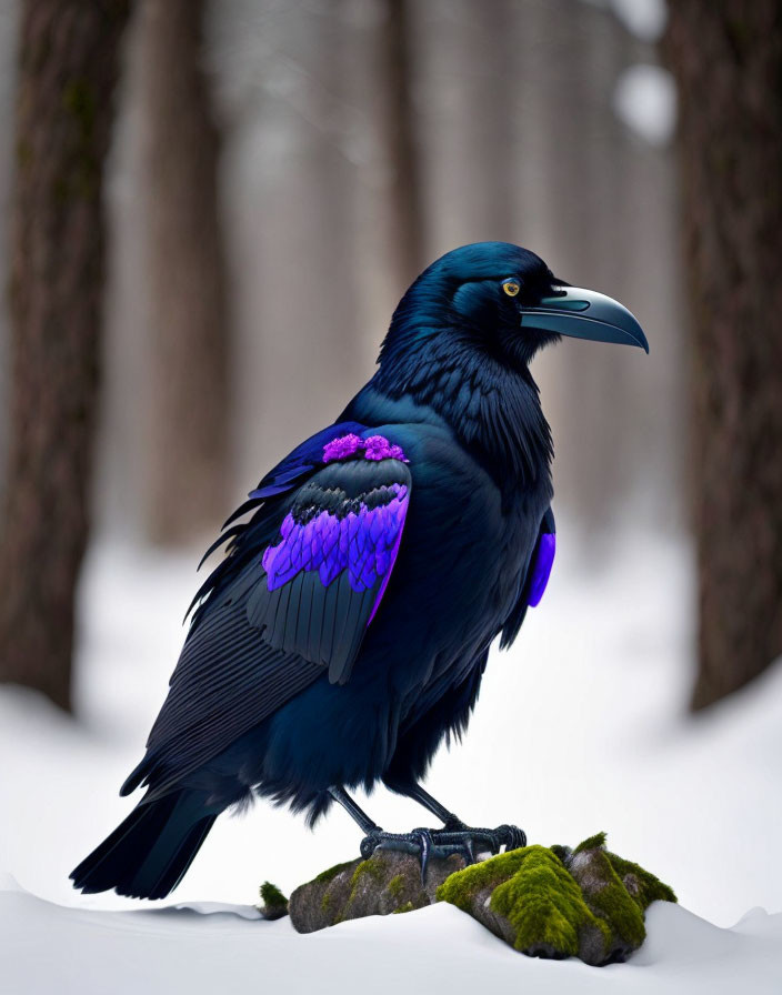 Raven with Purple-Tinted Feathers in Snowy Forest