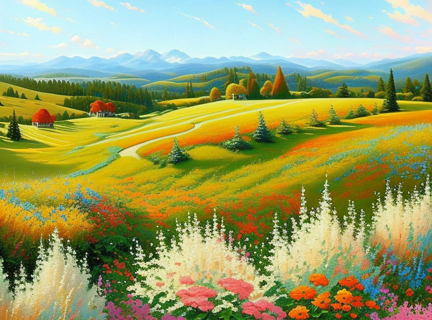 Colorful landscape painting: wildflowers, green hills, red-roofed houses, blue mountains.