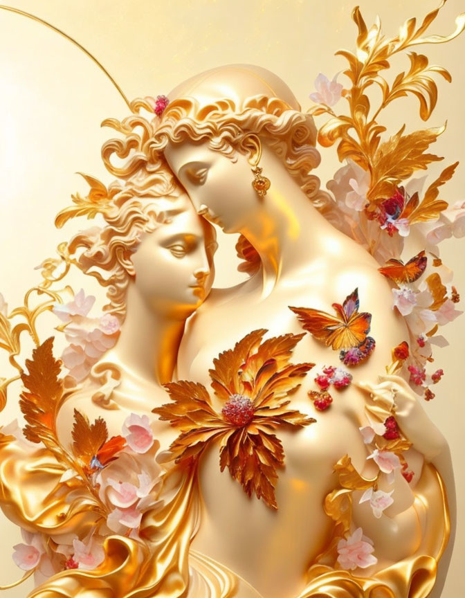 Illustration of two figures embraced in gold with ornate leaves and butterflies