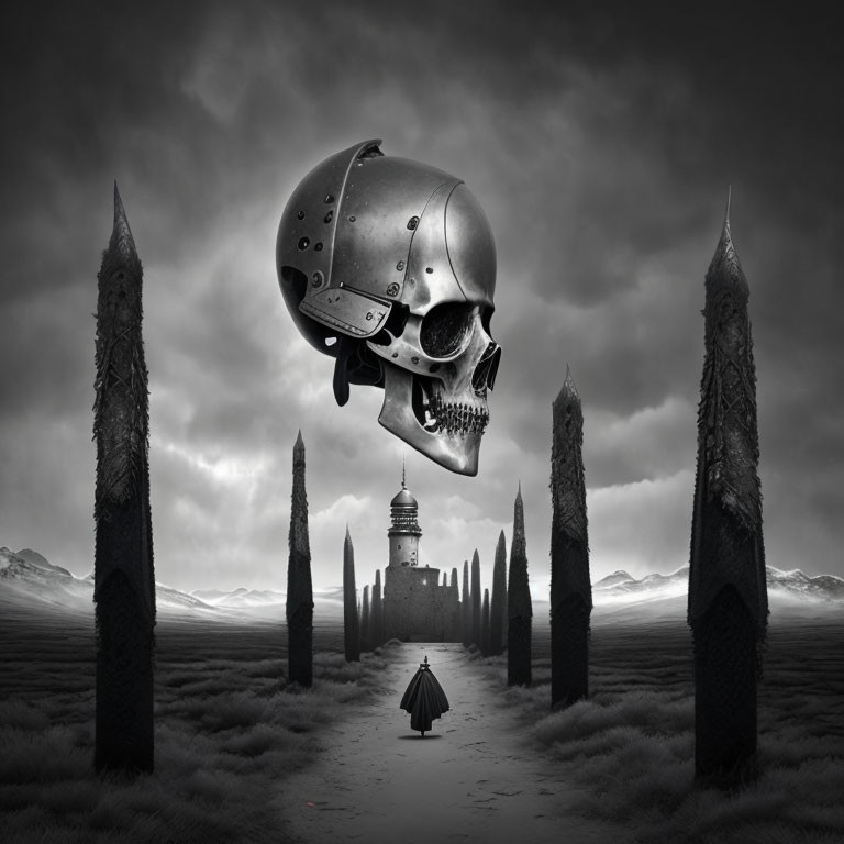 Monochromatic fantasy landscape with cloaked figure and giant floating skull