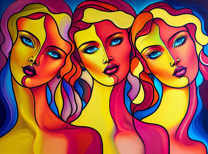 Vibrant painting of three women with flowing hair and bold contours