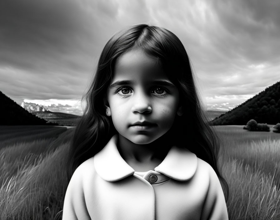 Monochrome portrait of young girl in field with dramatic sky