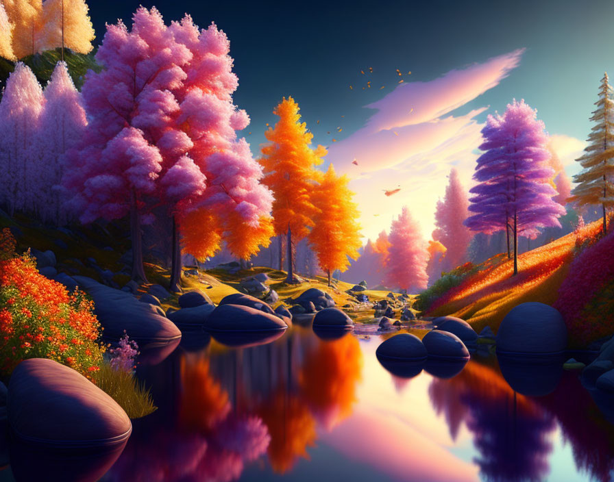 Colorful Trees and River in Fantasy Landscape with Comet and Birds at Sunset