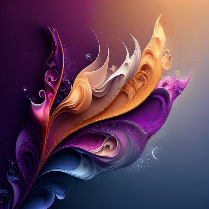 Vibrant Abstract Art: Fluid Feather-like Shapes in Purple, Orange, and Gold on Gradient Background