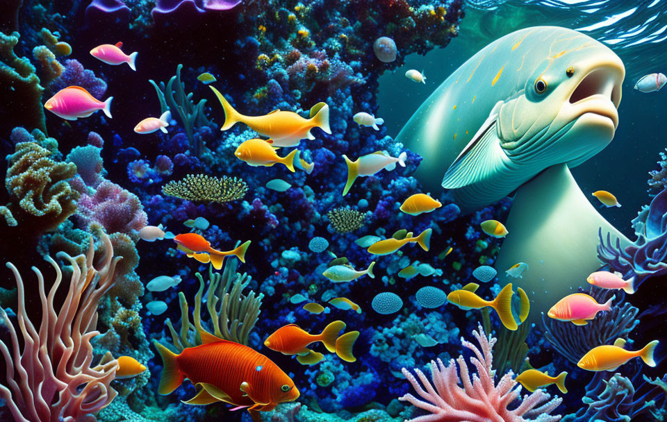 Colorful Coral Reef Ecosystem with Large Fish