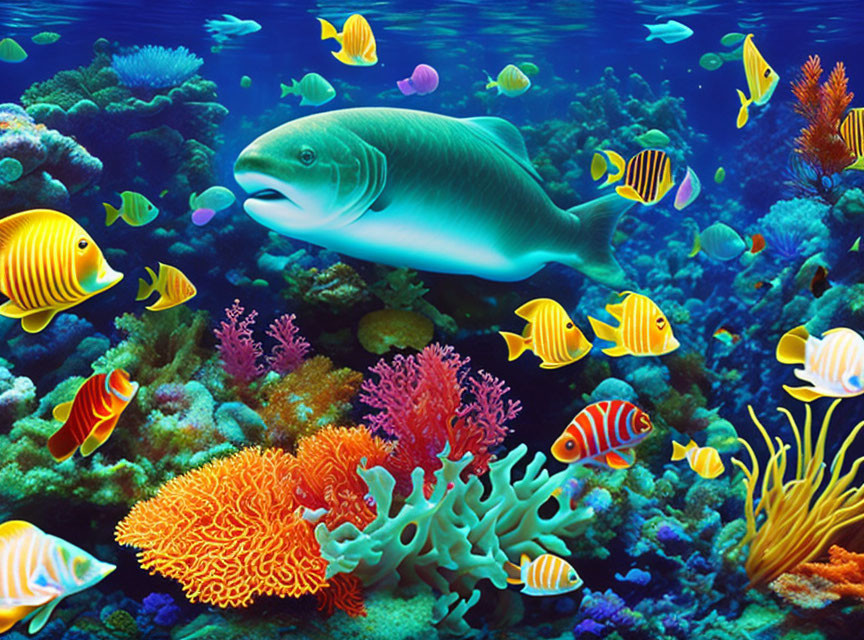 Vibrant Tropical Fish Swimming in Colorful Underwater Scene