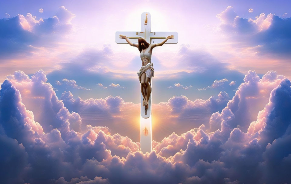 Religious crucifix with Jesus and radiant light against vivid sky