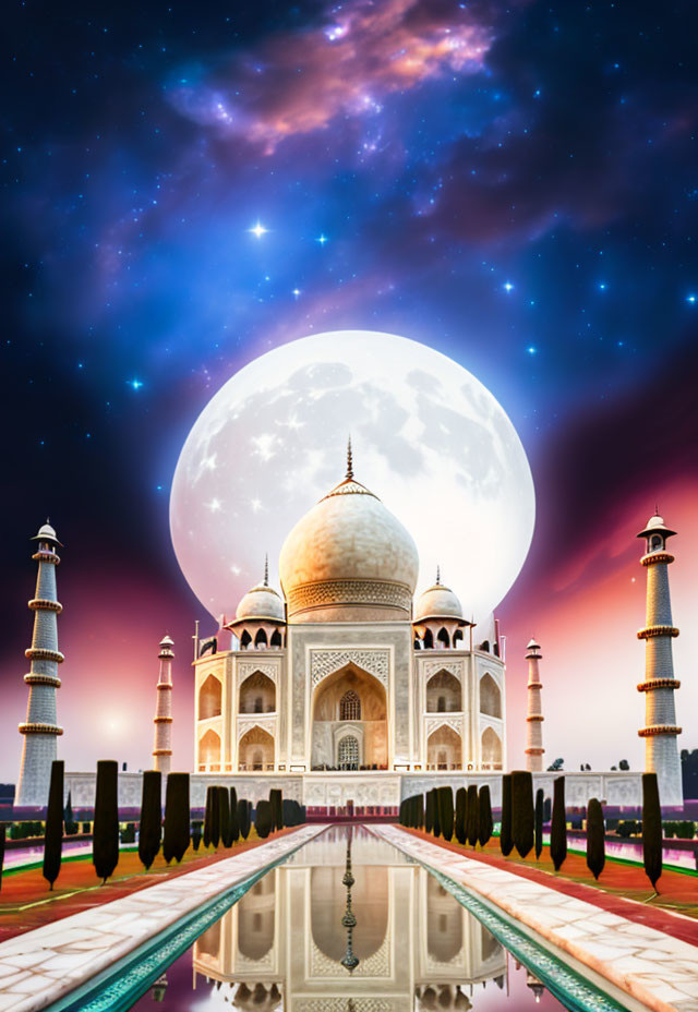 Iconic Taj Mahal Night Sky with Oversized Moon and Stars Reflection