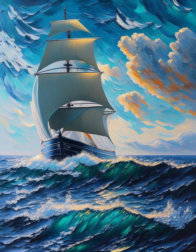 Sailing ship on turbulent waves under swirling sky