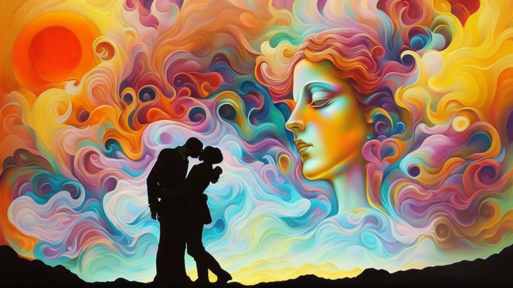 Colorful Psychedelic Silhouette Embrace Against Swirling Background