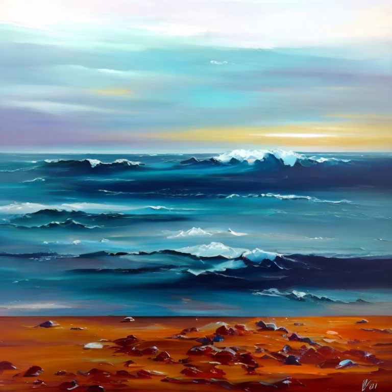 Colorful Seascape Painting with Blue Waves, Sky Gradient, and Sandy Shore