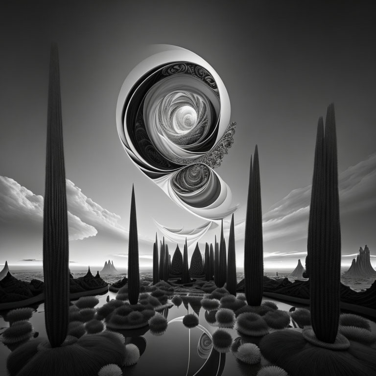 Monochrome surreal landscape with spiraling elements and spire-like structures