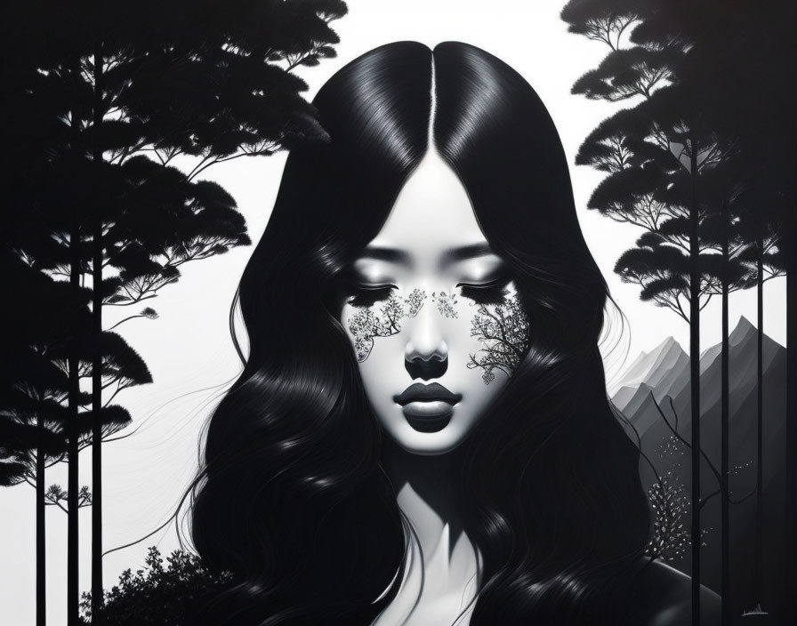 Monochrome artwork: Woman with flowing hair, floral patterns, trees, and mountains