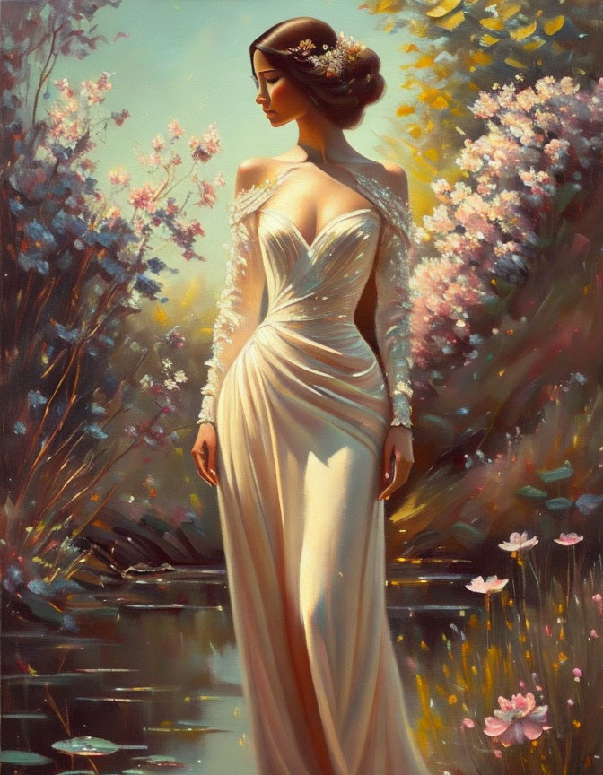 Woman in white gown by pond with colorful flowers and soft light.