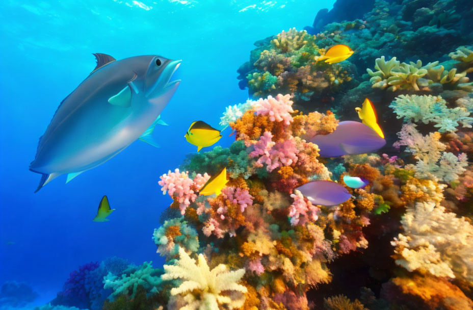 Colorful Coral Reefs with Large and Small Fish in Vibrant Underwater Scene