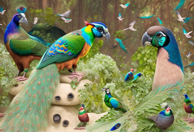 Colorful birds with peacock-like tails in lush forest with butterflies