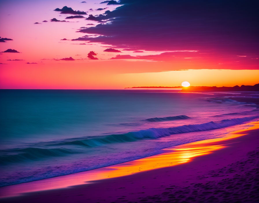 Tranquil beach scene: purple and pink sunset with gentle waves