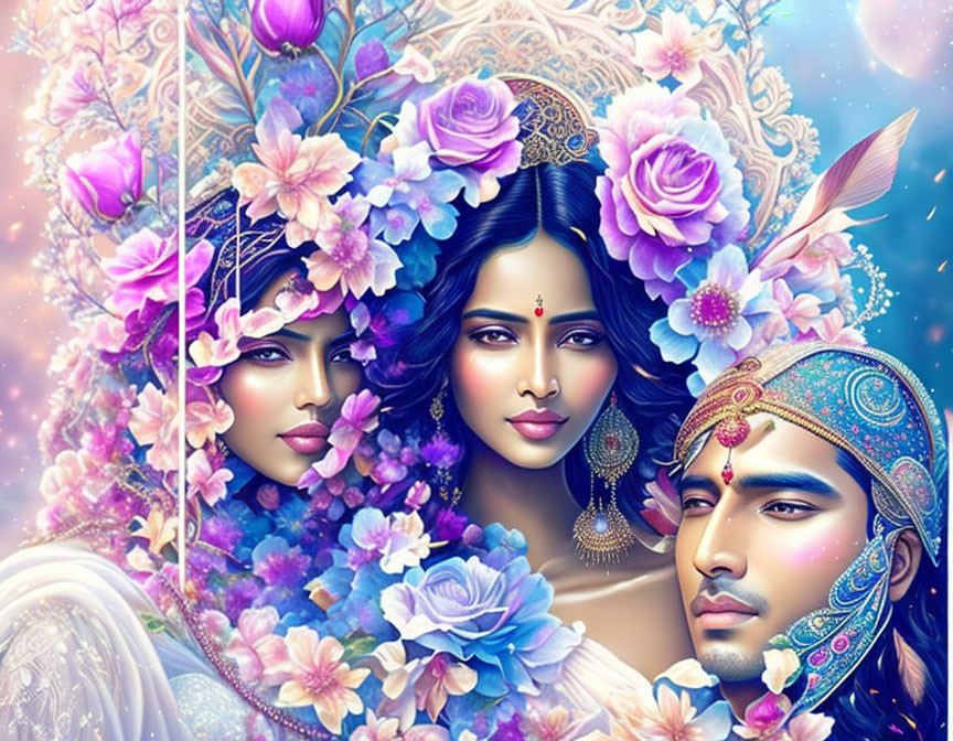 Ethereal illustration of man and two women in ornate regalia among blue and purple flowers