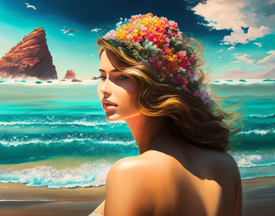 Woman wearing floral crown gazes at sea with distant rocks and flying gulls