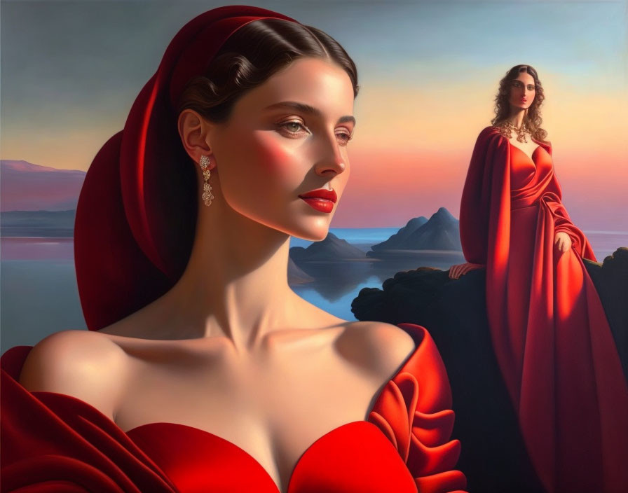 Two women in red dresses at sunset by the sea with mountains - serene atmosphere