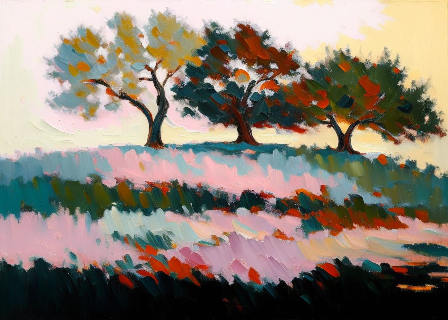 Impressionistic painting of three trees with vibrant red and orange foliage above a colorful meadow under a