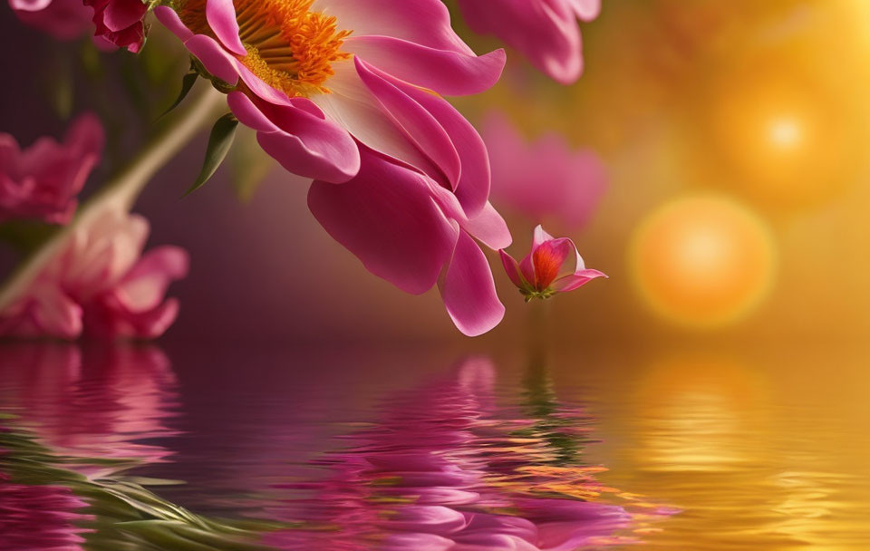 Pink Flowers with Golden Bokeh on Water Surface