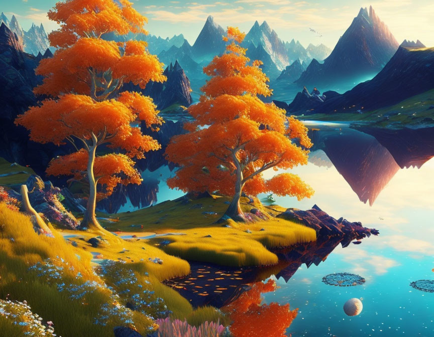 Vibrant orange trees and calm lake in fantasy landscape