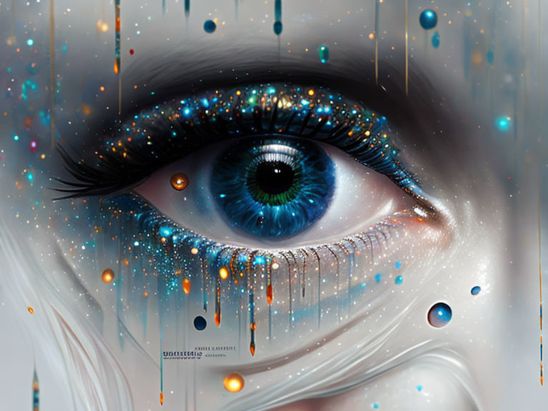 Close-Up Digital Artwork: Vibrant Blue Eye with Melting Galaxy Makeup