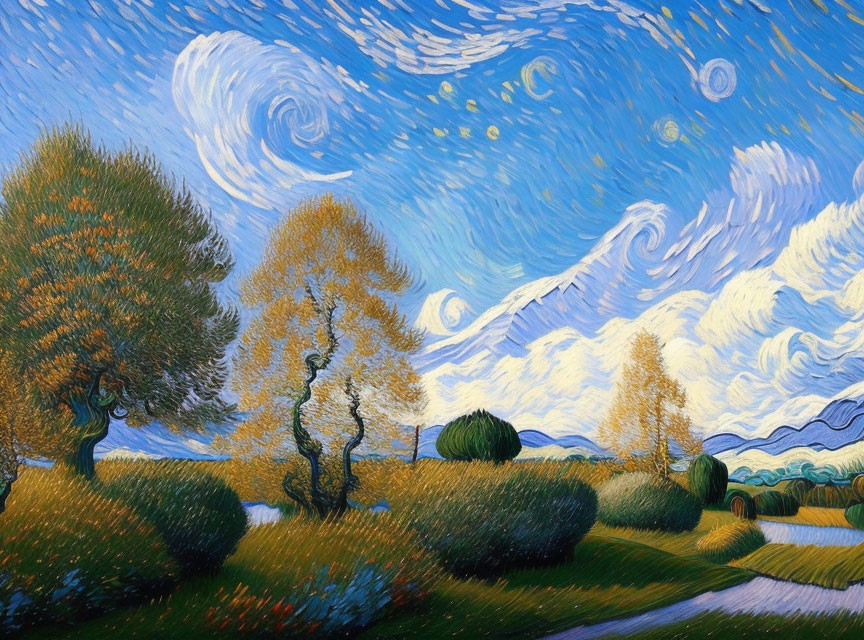 Colorful painting of swirling sky and landscape with trees and red flowers