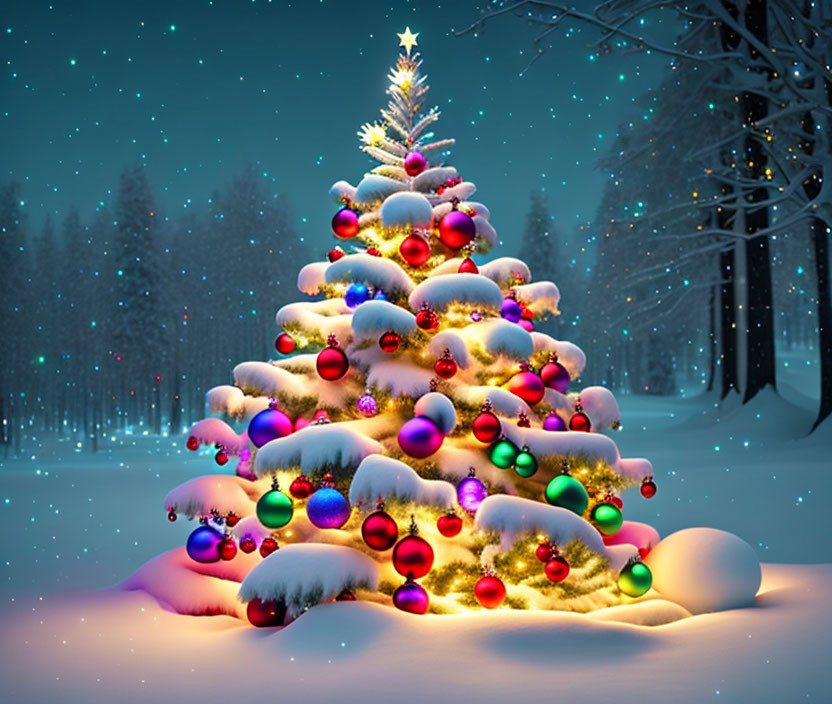 Colorful Ornaments and Lights on Snowy Christmas Tree at Night