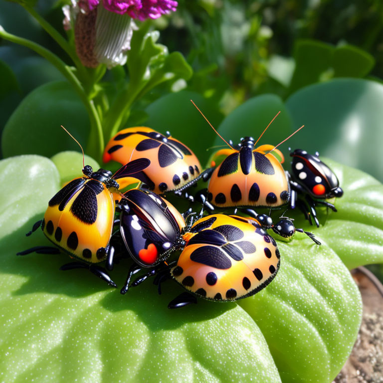 Yellow and Black Spotted Beetles on Green Leaf with Pink Flower