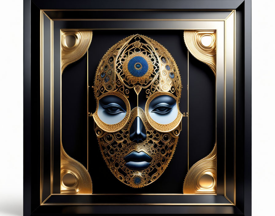 Intricate Golden Mask with Blue Eye in Luxurious Frame